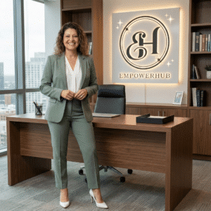 Michelle Garcia, RN and founder of EmpowerHUB, standing in a professional home office, representing expert guidance for nurse entrepreneurs.